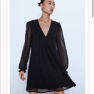 Zara Black Dotted Mesh Flowing Ruffled MINI dress